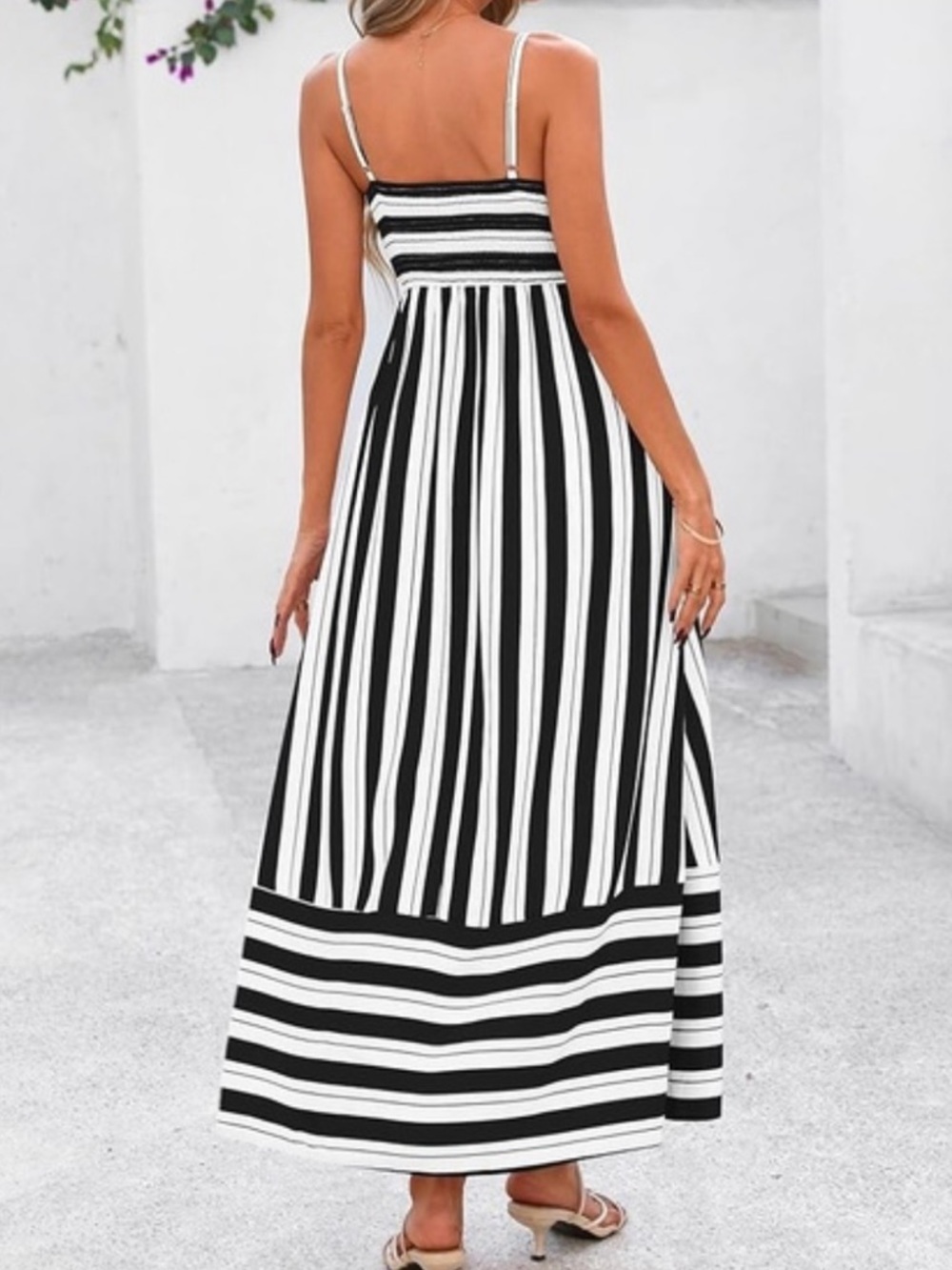 Black & White Striped Maxi Dress with Spaghetti Straps - Picture 2 of 5
